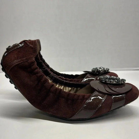 Tods Ballet Flats Slip On Shoes Jeweled Scrunch Back Suede Brown Size 39 US 9 - Picture 4 of 11